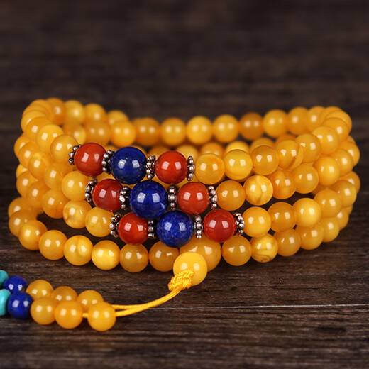 Minol Boutique Chicken Fat Yellow Round Beeswax 108 Buddhist Beads Bracelet Wound 3 times with Southern Red 11.15g