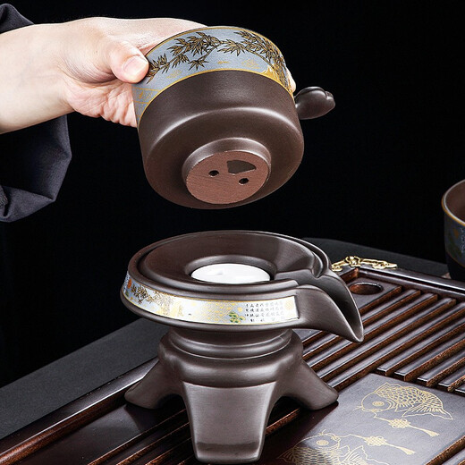 Tangfeng (TANGFENG) purple sand automatic tea set for home small set retro teapot teacup office hospitality tea making artifact complete set purple sand bamboo rhyme automatic set with 8 cups