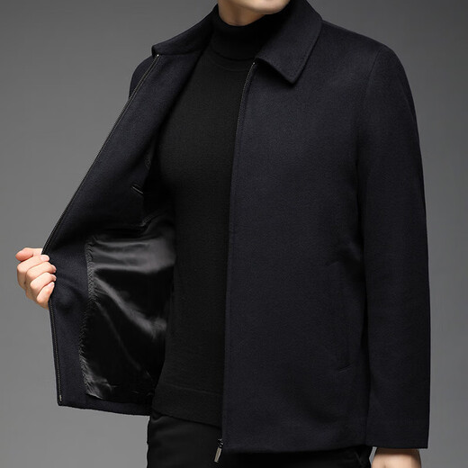 Hengyuanxiang 100% pure cashmere double-sided woolen woolen coat men's tops autumn and winter new middle-aged men's warm coat jacket for men Navy 2XL 185/54/120