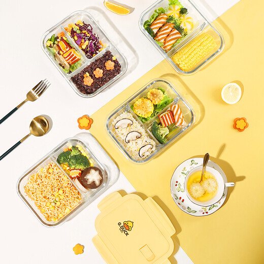 
Cilock (cilock) small yellow duck glass lunch box microwave heating special bowl office worker brings lunch box fruit bento box freshness box three partitions 1050+ soup cup 720+ round 450+ bag + tableware