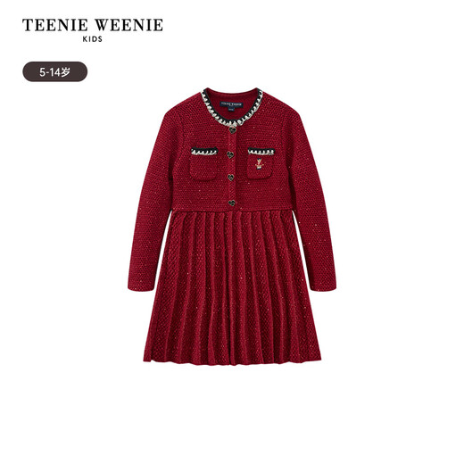 Teenie Weenie Bear Children's Wear 25 Years New Year Girls' Woolen Small Fragrance Style Pleated Dress Red 160cm