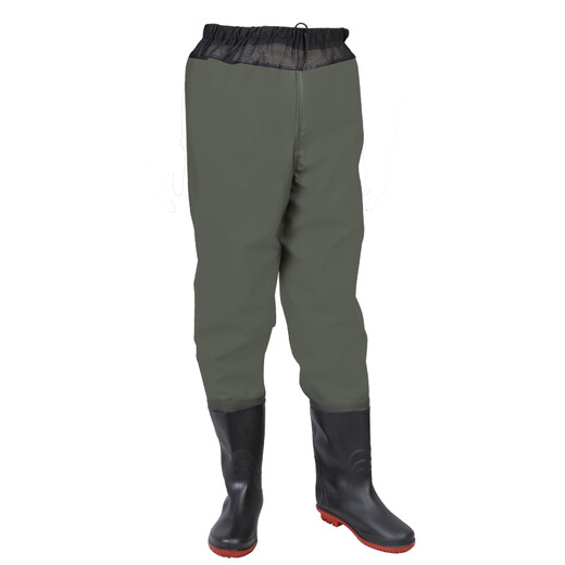 Bear fire waders, half-length waders, waterproof fish pants, rain pants, one-piece men's waist-high waterproof clothing, water boots, leather crotch trousers, waders, fishing suits, fish pond catching sea pants, fishing pants, fishing suits, thickened 85 silk military green (with insoles + leather + glue) 42