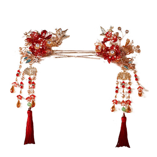 Fat Donglai's same style Xiuhe tiara bridal tiara Chinese style red ancient style Hanfu Xiuhe suit with glazed flower hanging between eyebrows Xiuhe tiara set (ear clip style)