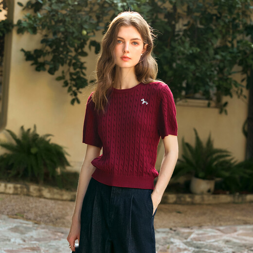 Olrain French short-sleeved T-shirt women's spring 2025 commuting round neck knitted pullover Ancora M