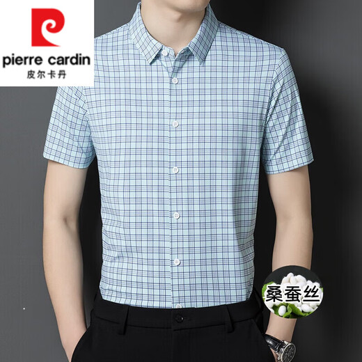Pierre Cardin Summer Summer Mulberry Silk Camiseta de manga corta para hombres Camisa de traje de papá elástico de negocios a cuadros de mediana edad para hombres H-9901 Red Red Grid (otoño) XL/175 sugiere 135 ~ 155Jin [Jin equivale a 0.5 kg]