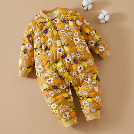 Mianguduo Children's Handmade Pure Cotton One-piece Harness Men's and Women's Thickened Warm One-piece Cotton Clothes Baby Harness Climbing Clothes Yellow Bottom Flowers 80 Codes (Suitable for 10-14 Months)