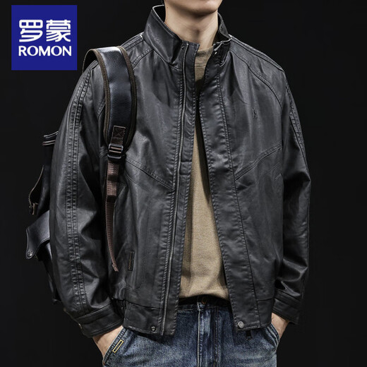 Luo Meng high-end motorcycle leather jacket men's spring and autumn 2025 new men's short comfortable large size American retro trendy brand 034 black gray L