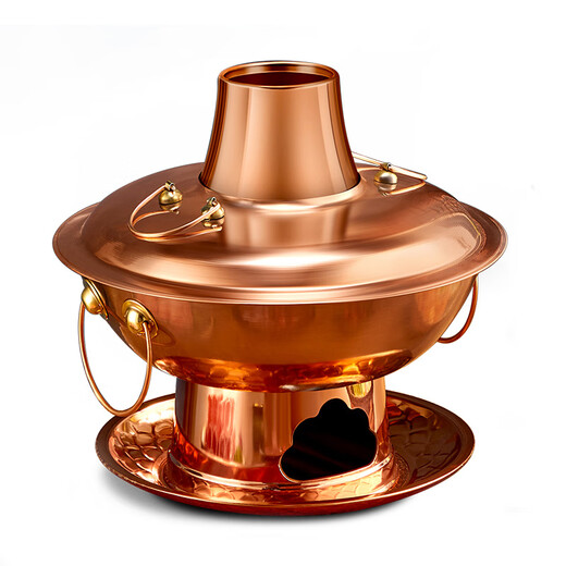 Cui Laoye red copper hot pot, copper pot, old Beijing pure copper hot pot, old-fashioned charcoal shabu-shabu mandarin duck pot, warm earth carbon special pot, extra thick mandarin duck pot (for use by less than 8 people) 34cm