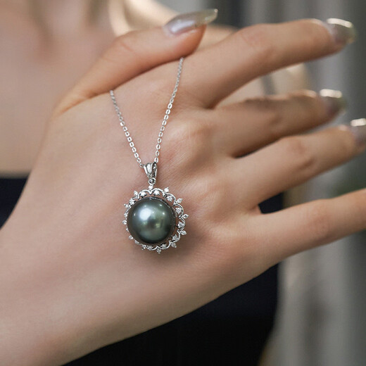 Meluxe 18K gold seawater pearl pendant Tahitian black pearl pendant bustling series birthday gift for wife malachite green 14-14.5mm + diamond 0.26ct