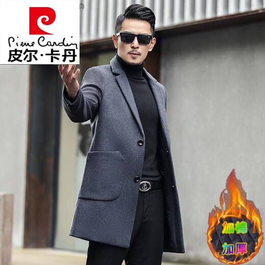 Pierre Cardin windbreaker men's mid-length Korean version slim fit autumn and winter thickened woolen woolen coat men's woolen coat knitted 82 black M 90-115Jin Jin equals 0.5 kg
