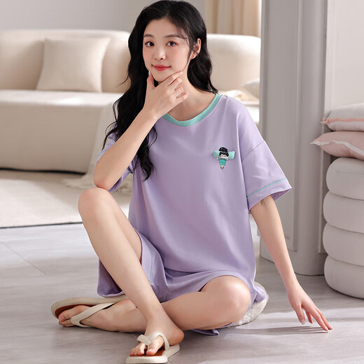 猫人睡衣女柔软舒适透气纯棉家居服宽松休闲短袖套装 货号：GH-14105 M 推荐体重80-100斤