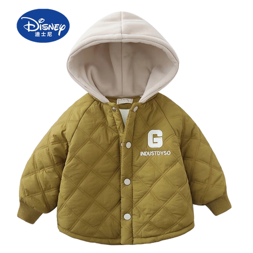 Disney brand boys' autumn and winter cotton coat hooded baby winter quilted jacket 2025 new baby boy children's cotton coat khaki velvet thickened G-shaped cotton coat 85cm (90 yards)