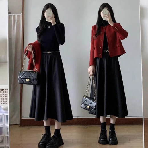 Oudihui 2025 New Autumn Dress Women's Xiaoxiangfeng Red Jacket Clothing Outfit Autumn and Winter Skirt Women's Suit Red Jacket + Black Skirt + Bottoming Shirt XL Recommended 120-135 Jin Jin equals 0.5 kg