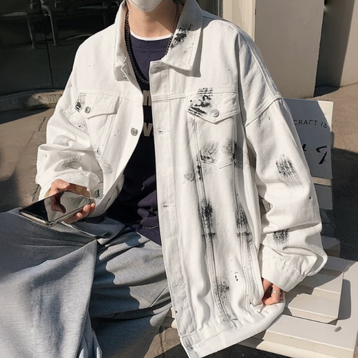 Yiran presents graffiti denim jacket for men in spring and autumn, loose and versatile, ins trendy brand design, niche handsome casual jacket for men, white L, recommended 110-130 Jin Jin is equal to 0.5 kg