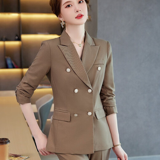 Zi Mei Qiao business wear women's suit spring, autumn and winter long-sleeved double-breasted suit slim fit Korean fashion casual suit camel (single suit) XL (recommended 110-120 Jin Jin equals 0.5 kg)