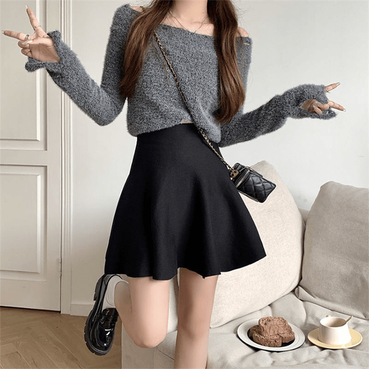 Miao Yijia skirt autumn black short skirt women winter knitted skirt pleated large hem skirt high waist a line skirt petite skirt high waist large hem pleated skirt black one size