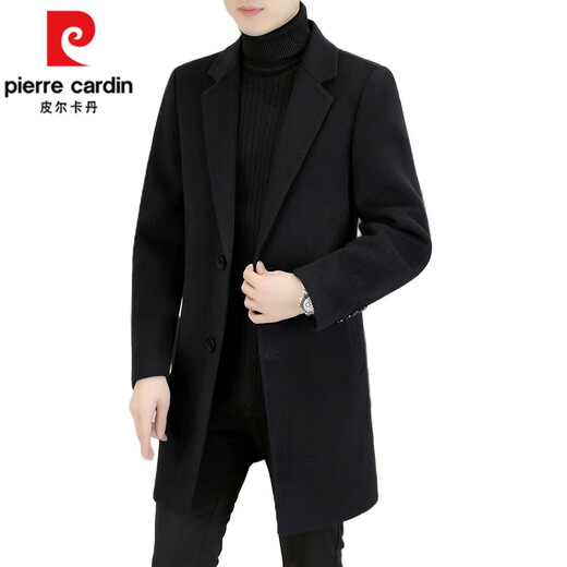 Pierre Cardin (Pierre Cardin) Down Lined Double-sided Woolen Coat Men's Wool Woolen Windbreaker Mid-Length Cashmere Jacket Spring Autumn Winter Men's Clothing Black (70 Wool) L 120-140Jin Jin is equal to 0.5 kg