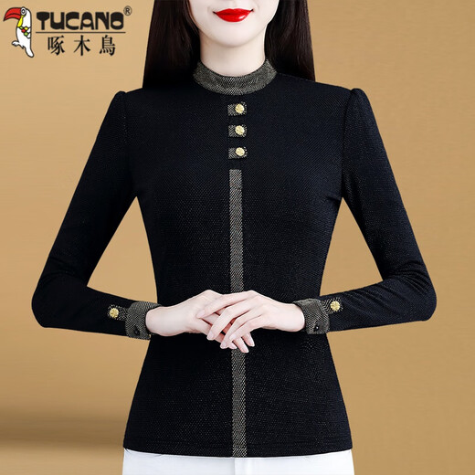 Woodpecker 2025 new model stand-up collar bottoming shirt long-sleeved women's warm temperament inner with velvet thickened western style top fashionable and versatile black boutique ready stock plus velvet 4XL 140-155Jin Jin is equal to 0.5 kg