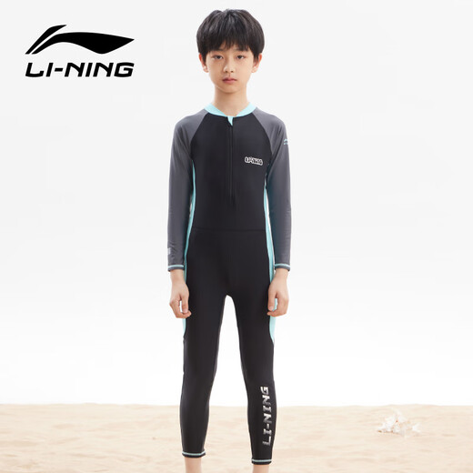 Li Ning (LI-NING) children's swimsuit one-piece long-sleeved hot spring warm sun protection boy surfing suit training swim suit 8793 black green 160
