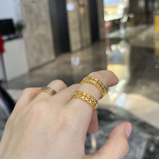 MHFDO 18K gold-plated copper coin ring, solid non-demolding, bright surface, hollow coin copper coin ring, 12-ring mouth Lao Fengxiang