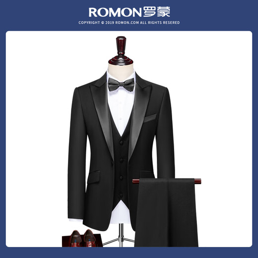 ROMON Light luxury gentleman gold velvet suit male host wedding tuxedo groom suit men's art exam evening dress black lapel suit + vest + shirt + pants 2XL
