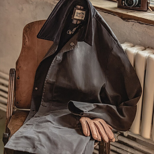 Madden Workwear Retro British Oil Wax Windbreaker Men's Autumn Mid-Length Corduroy Contrast Color Coat Loose Cape Jacket Oil Wax Windbreaker + Beeswax Combination L