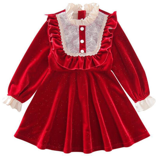 Xiaoqiao Fox 2026 winter new style girls red velvet dress children's velvet New Year's greetings girl princess skirt QQB red lace skirt velvet winter style 120