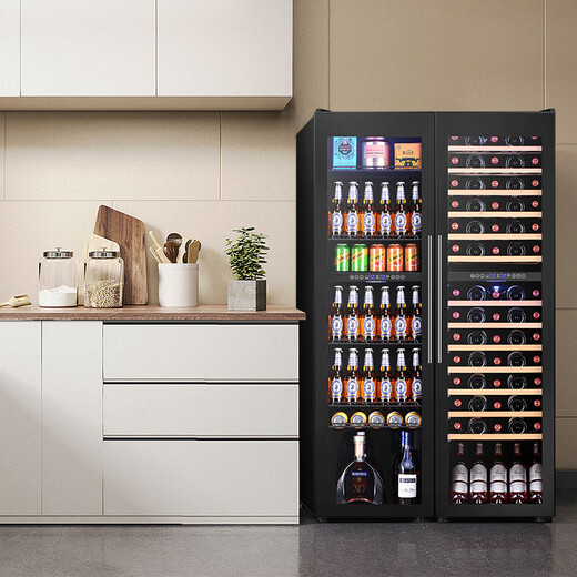 Bacchus wine cabinet with double doors, 150 bottles, thermostatic cabinet, home commercial tea cabinet, frozen beer, champagne, whiskey ice bar, double-door built-in wine storage, large living room, villa, combination cabinet, left ice bar type + right all-wood shelf type 416L YC-208 air-cooled compressor four temperature zones