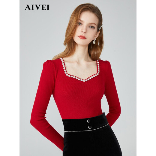 AIVEI congratulates Aive for the 2023 Spring New Year with diamond-encrusted peach heart collar slim fit and stylish wool sweater N056S015 red - 7 days of pre-sale L - 7 days of pre-sale