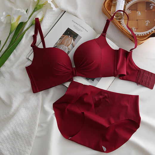 Modal Red Underwear Women's Small Breast Push Up Wedding Bride's Zodiac Year Women's Wireless Bra Panties Set Burgundy (Thin 1cm) Set 80B 80B
