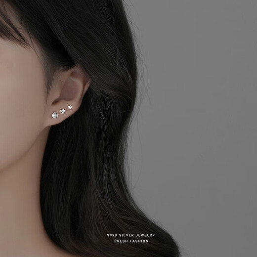 Dingjing 3 pairs pack 999 pure silver earrings for women, super flash, compact mini ear bone nails, ear piercing, student earrings, zircon earrings, simple and high-end, no need to remove silver jewelry