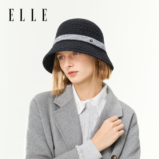 ELLE color-blocked wool knitted hat for women, autumn and winter outdoor fashion, versatile basin hat, warm fisherman hat, classic black