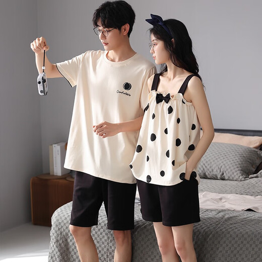Daizixin 2 conjuntos de pijamas de pareja para tirantes de verano para mujeres, juego de dos piezas de chaleco de algodón puro de manga corta Traje de verano para hombres delgados DD9903 Mujeres XL+Hombres XL