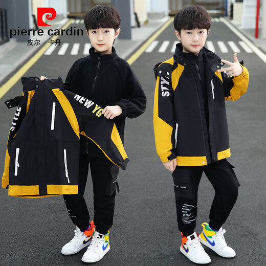 Pierre Cardin Boys Autumn and Winter Three-in-One Jacket for Medium and Large Children Detachable Jacket Thickened and Warm Winter Color Block Top Handsome Gray Cotton Thickened 160cm