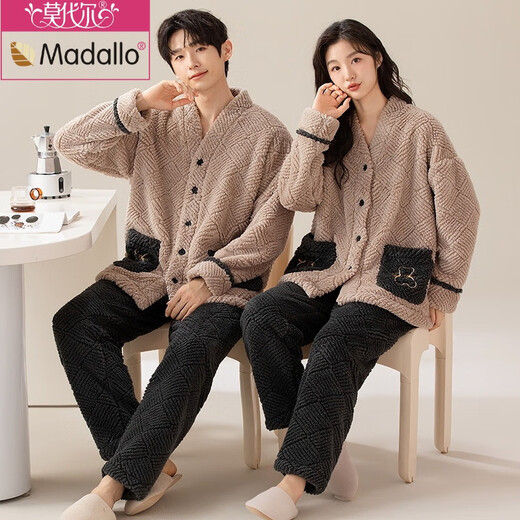Modal flannel couple pajamas autumn and winter thickened warm coral velvet women's cartoon winter men's home wear suit kimono flannel M7820 main picture M women's 80-95Jin Jin is equal to 0.5 kg
