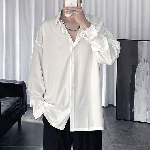 Zuoyoupin Ice Silk Hemd Hersteller dünner Stil hübsch schwarz trendy langärmelige lose lockere weiße Hemd Sommer Vielseitiges, eisenfreies Hemd Schwarz L Empfohlenes Gewicht 115-130 Jin [Jin entspricht 0,5 kg]