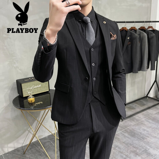 花花公子（PLAYBOY）西服男士套装潮流韩版修身英伦新郎结婚礼服商务职业正装休闲西装 深灰色纹理9905【西服+西裤+马甲1 S 90斤穿