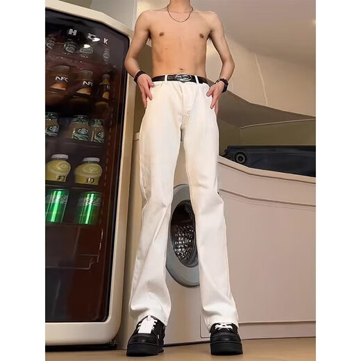 迪伽达 白色牛仔裤男士宽松秋季新款美式高街高腰窄版微喇显瘦裤子男 HCFS-2076白色 2XL