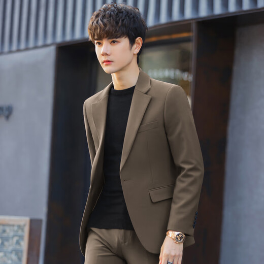 ROMON light luxury brand men's coffee suit suit spring and autumn slim handsome casual small suit jacket men Korean style trend coffee color single suit XL