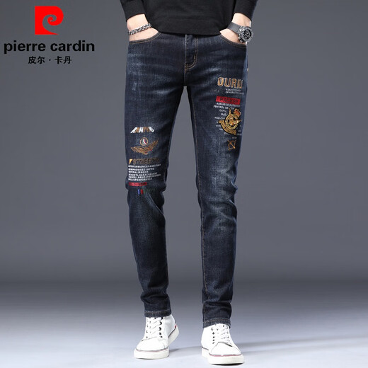 皮尔卡丹（pierre cardin）欧货新款刺绣印花男士针织牛仔裤子修身弹力百搭小脚长裤 6628 29 （2尺2）
