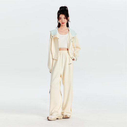 Fantu onet Fantu casual fashion sports knitted suit for women spring style age-reducing jacket straight-leg pants two-piece set off-white ready stock L