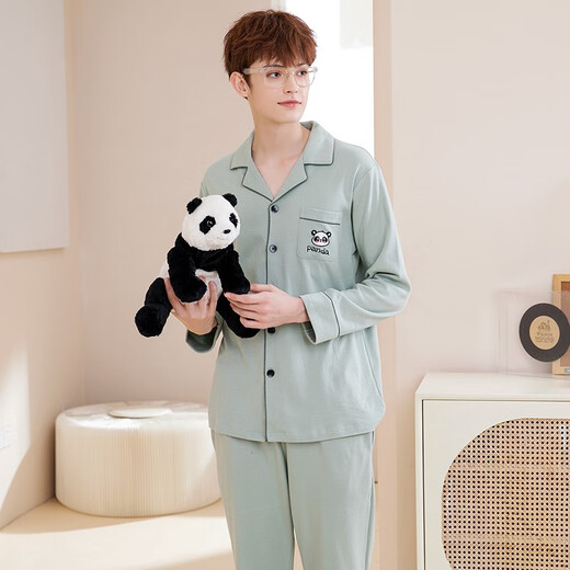 Fenton's new soft lace lapel men's home wear pajamas set gray green (men) 3XL