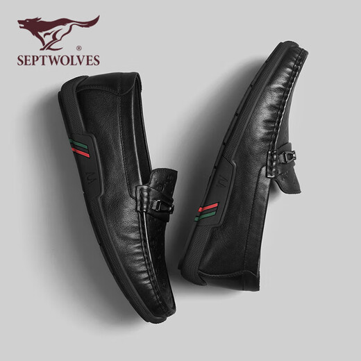 SEPTWOLVES first-layer cowhide bean shoes men's shoes men's autumn business casual leather shoes men's slip-on loafers black 42