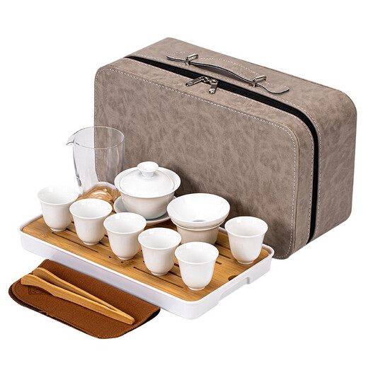 Gold inlaid jade travel tea set, mutton-fat jade porcelain household ceramic white porcelain with tea tray and bowl set, gift Kung Fu tea set, Leshui mutton-fat jade porcelain set