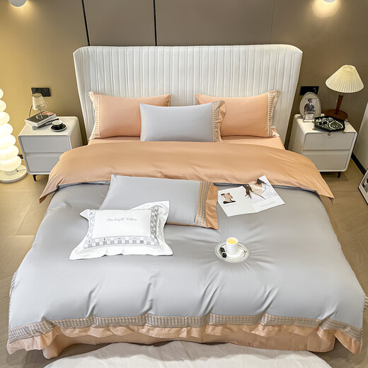 In Anlehnung an den natürlichen, leichten Luxus-Stil, 60-fädig, langstapelige Baumwolle, vierteiliges Set, reiner Baumwollsatin, bestickter Bettbezug, Spannbetttuch, hochwertige Bettwäsche, Haze Silver, 1,8 m Bettlaken, vierteiliges Set (Bettbezug 200 x 230 cm)