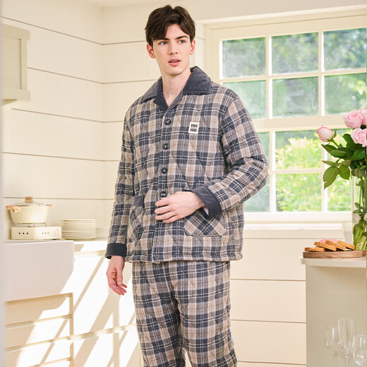 American Standard Gifts Winter New Couple Pajamas Thickened Three-layer Cotton Warm Men's and Women's Casual Plaid Can Be Weared Outer Home Clothes Dark Gray (Coral Velvet Inner Layer) XL
