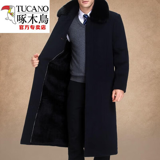 Woodpecker (TUCANO) winter thickened coat for men, dad, middle-aged and elderly windbreaker, sheep knee-length coat for grandpa, black-medium style with fur collar 3XL 190/104A160-175Jin Jin is equal to 0.5 kg