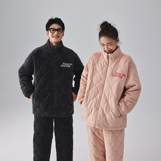 Kissing Cat Three-layer Thickened Island Velvet Couple's Quilted Pajamas Women's Winter Men's Suit Home Clothes Warm Outerwear 7023 Peach Pink Women's L