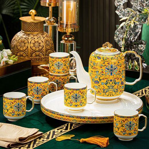 Hanming Jingdezhen Enamel Tea Set High-end Housewarming Gift Ceramic Teapot Water Cup Living Room Household Cup Set High-end Bone China Tea Set 8-piece Gift Box