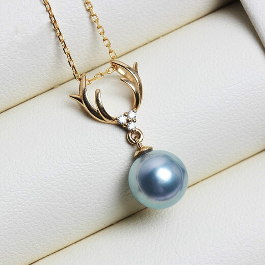 Dingying Japanese Akoya True Duoma Pearl Pendant Single Necklace for Women Extremely Strong Light Rare Silver Gray Translucent Blue-Green Light True Duoma Pendant (Zircon Style) (Excluding Chain) 7.5-8mm